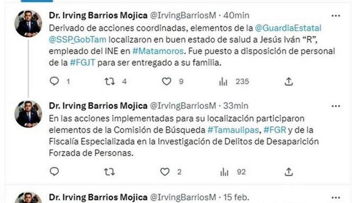 $!El fiscal Irving Barrios dio a conocer a través de su cuenta de Twitter la liberación del funcionario electoral