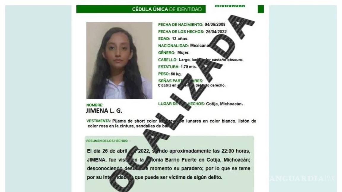 Aparece Jimena, niña de 13 años desaparecida en Michoacán... con su ’novio’ de 24