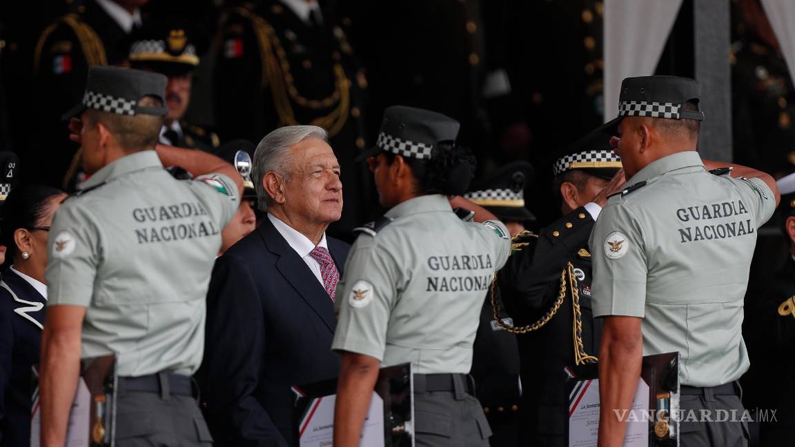 $!El presidente Andrés Manuel López Obrador durante la ceremonia por el cuarto aniversario de la Guardia Nacional en Campo Marte, en la Ciudad de México.