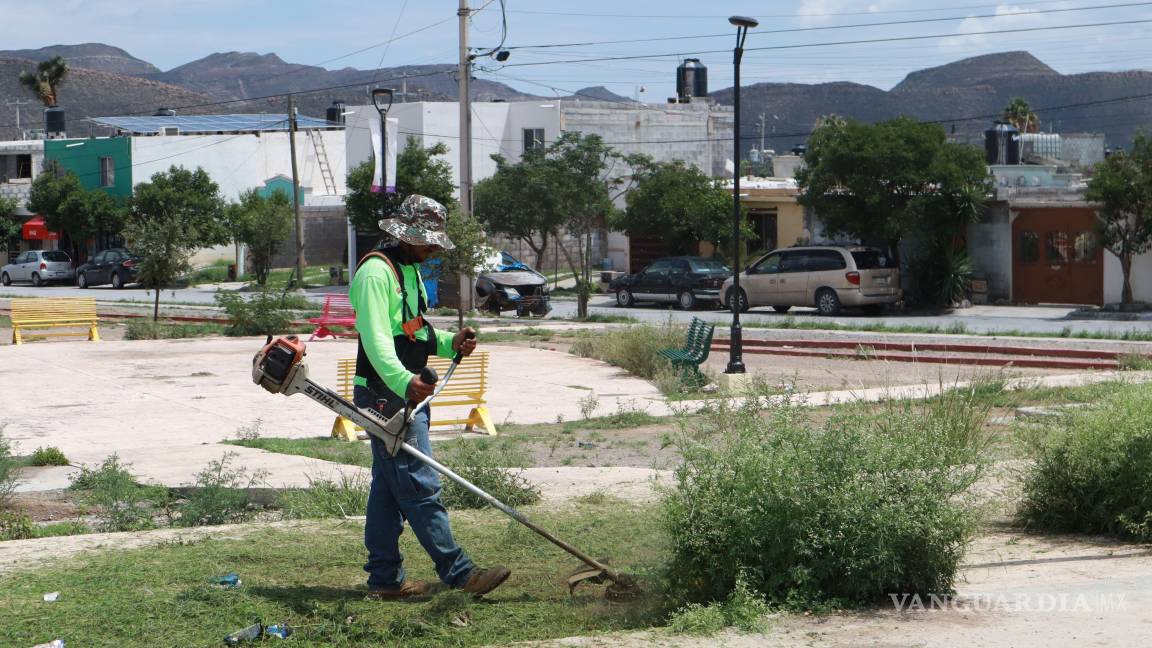 $!Cuadrillas municipales realizaron labores de limpieza y deshierbe en la plaza de la colonia Saltillo 2000, como parte del programa “Aquí Andamos”.
