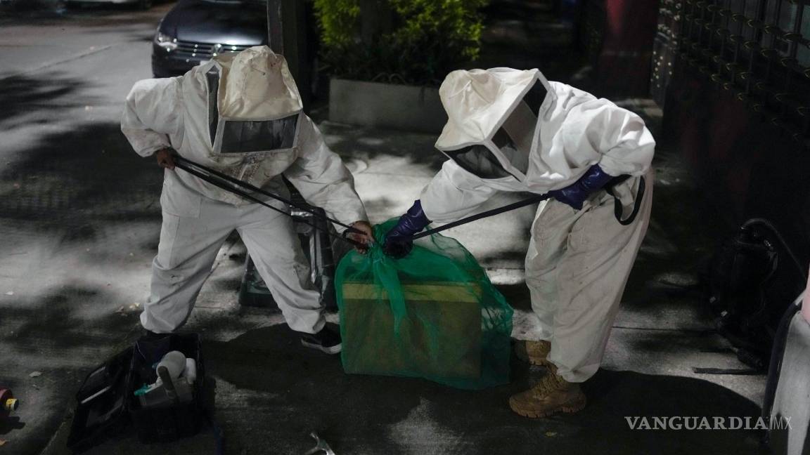 $!Adriana Veliz (derecha) y Lucy Millán terminan de rescatar una colmena que las abejas formaron dentro de la base de un poste de luz en la Ciudad de México.