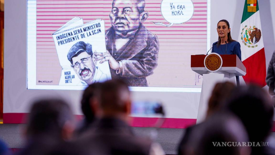 $!Claudia Sheinbaum Pardo muestra la caricatura política del minero Rapé con motivo de la posible llegada a la presidencia de la SCJN de Hugo Aguilar Ortiz.