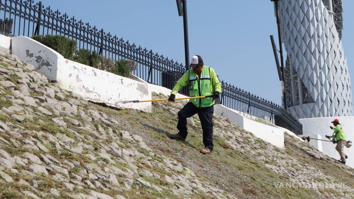 $!Brigadas municipales realizaron labores de limpieza y deshierbe en el Parque Mirador Saltillo, uno de los espacios emblemáticos al aire libre de la capital.