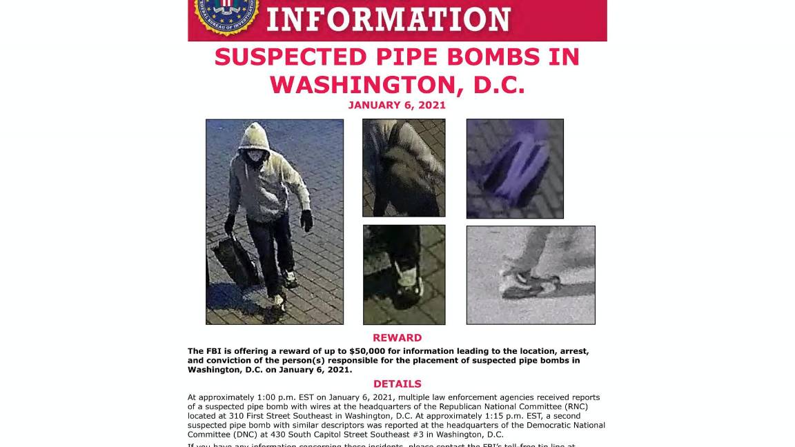 $!Esta imagen muestra un cartel del FBI en el que se pide ayuda para localizar a un sospechoso que presuntamente colocó bombas caseras el 6 de enero de 2021.