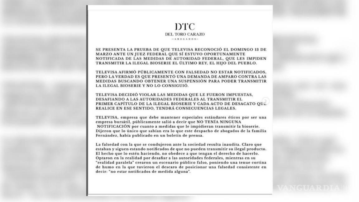 $!El despacho de abogados de la familia Fernández aseguró este miércoles que continuará con las acciones correspondientes para suspender la bioserie de Televisa.
