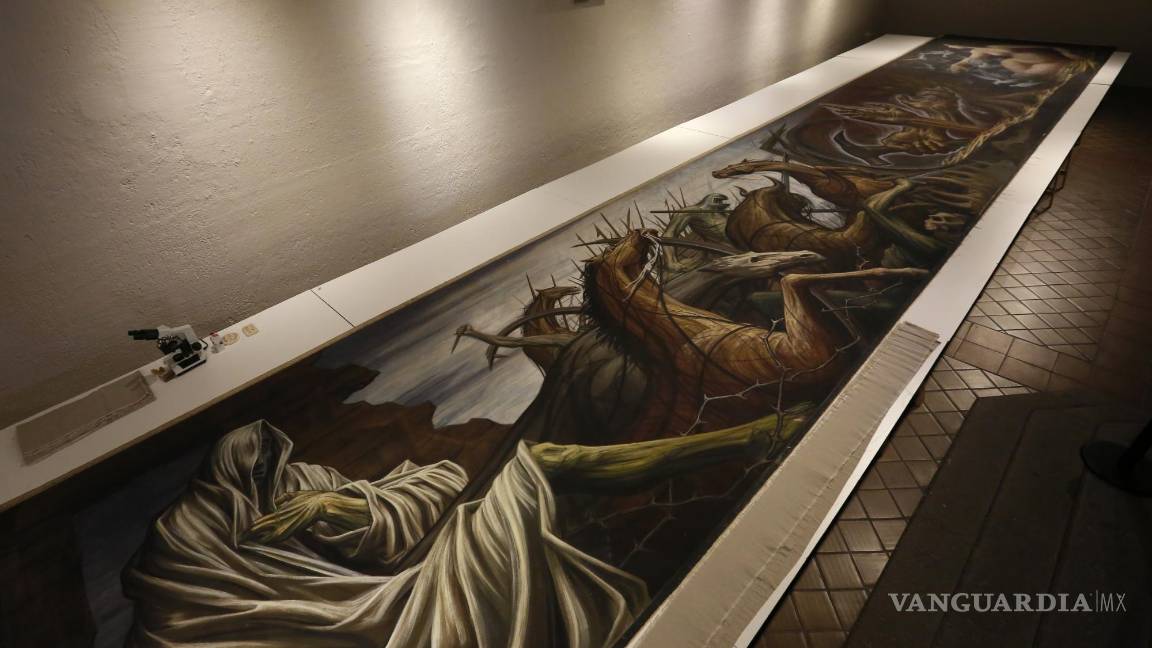 $!Vista de la restauración del mural de 15 metros La Guerra y La Paz del pintor y muralista mexicano Gabriel Flores en el exconvento del Carmen de Guadalajara.