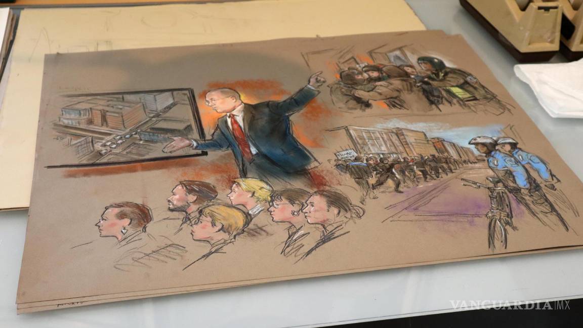 $!Vista de uno de los dibujos ejecutados por el caricaturista Bill Hennessy durante un juicio en Washington.