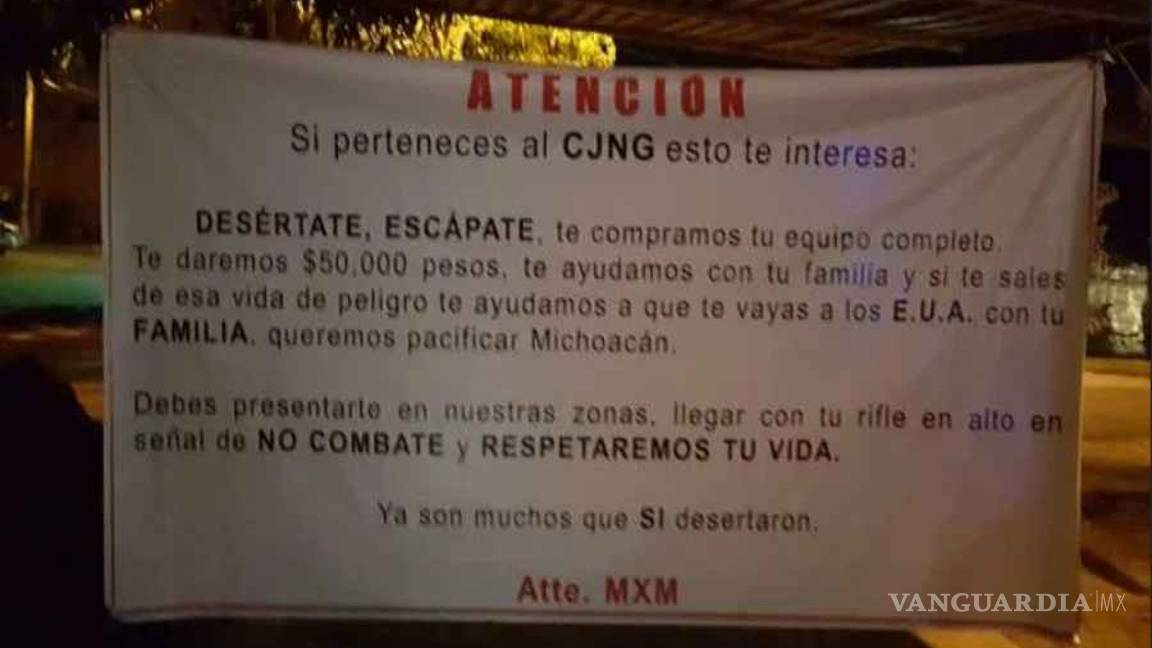 $!¡Escápate!... con narcomantas, ofrecen 50 mil pesos a sicarios del Cártel Jalisco Nueva Generación para abandonar el cártel
