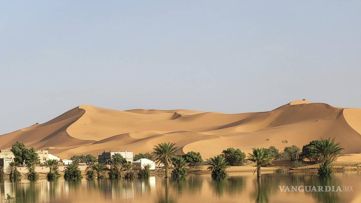 $!Un oasis se refleja en un lago causado por las fuertes lluvias en la ciudad desértica de Merzouga, cerca de Rachidia, sureste de Marruecos.