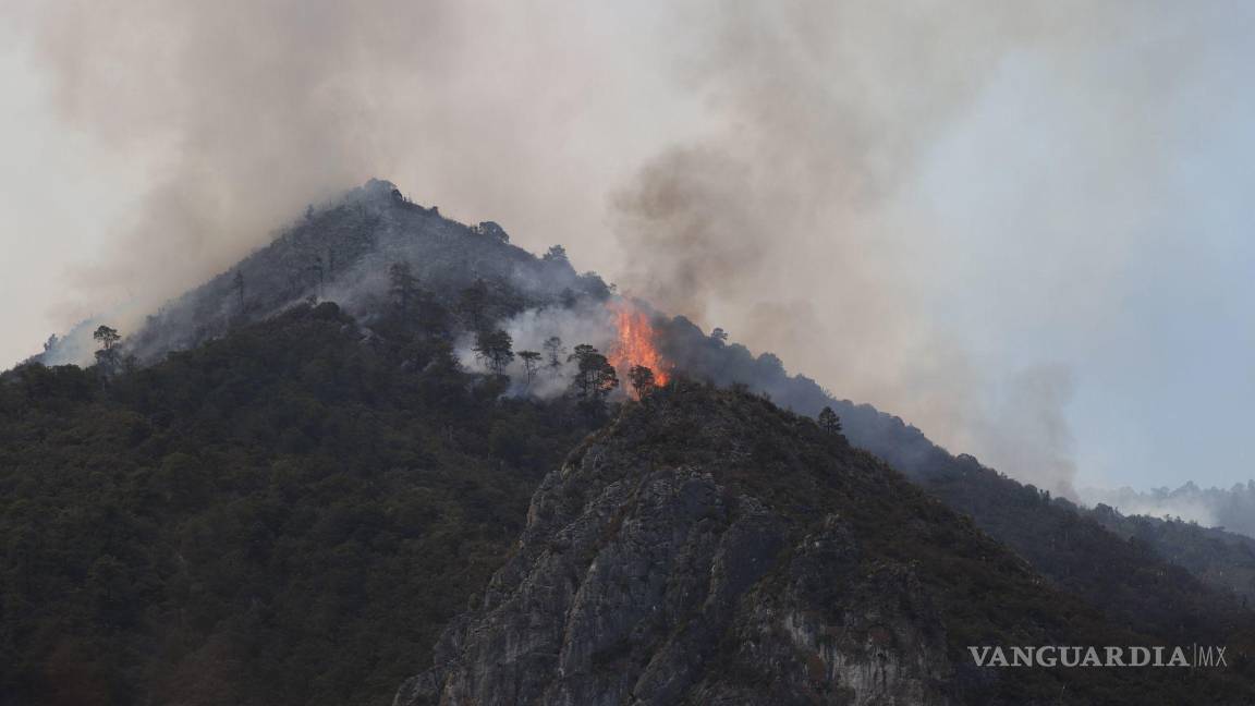 $!Saltillo, Coahuila 19 de mayo de 2022. Continúa el fuerte incendio en el cañón de San Lorenzo, en la Sierra de Zapaliname.
