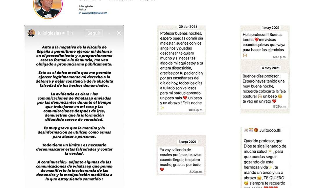 $!Combo con el comunicado y algunos mensajes de WhatsApp publicados en el perfil de Instagram del cantante español Julio Iglesias.