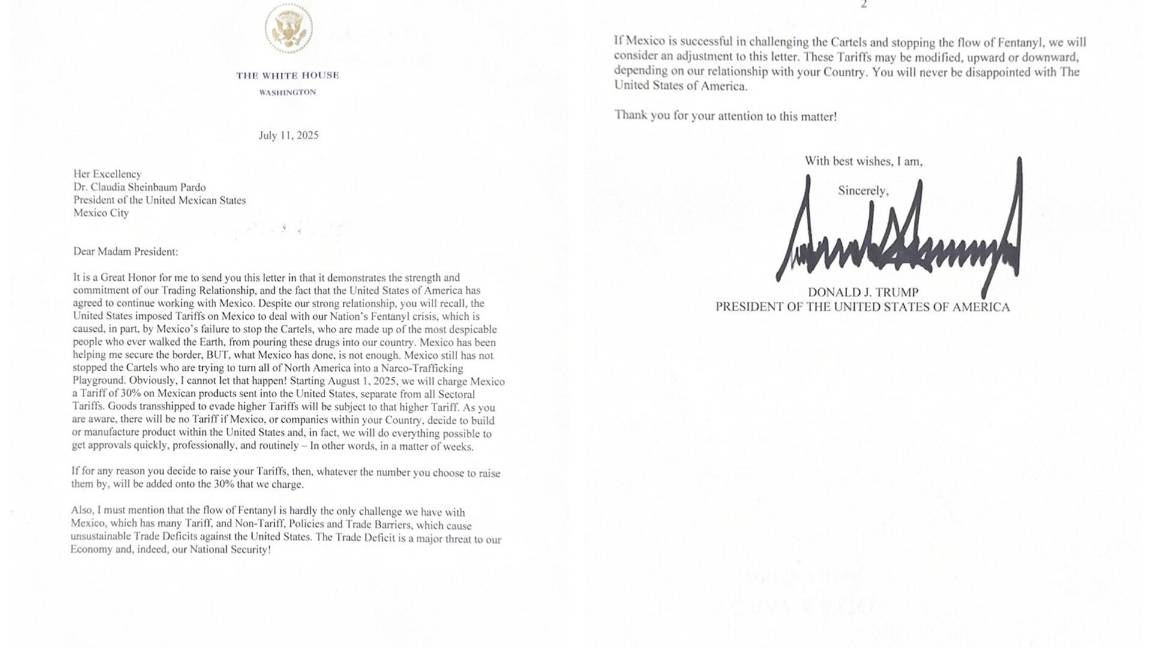 $!Imagen tomada de la red social Truth Social @realDonaldTrump de una carta enviada a su homóloga de México, Claudia Sheinbaum.