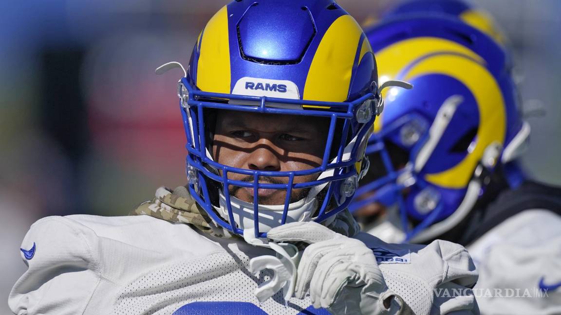 $!El ala defensiva de los Rams de Los Ángeles, Aaron Donald durante la práctica para el Super Bowl de la NFL en Thousand Oaks, California. AP/Mark J. Terrill