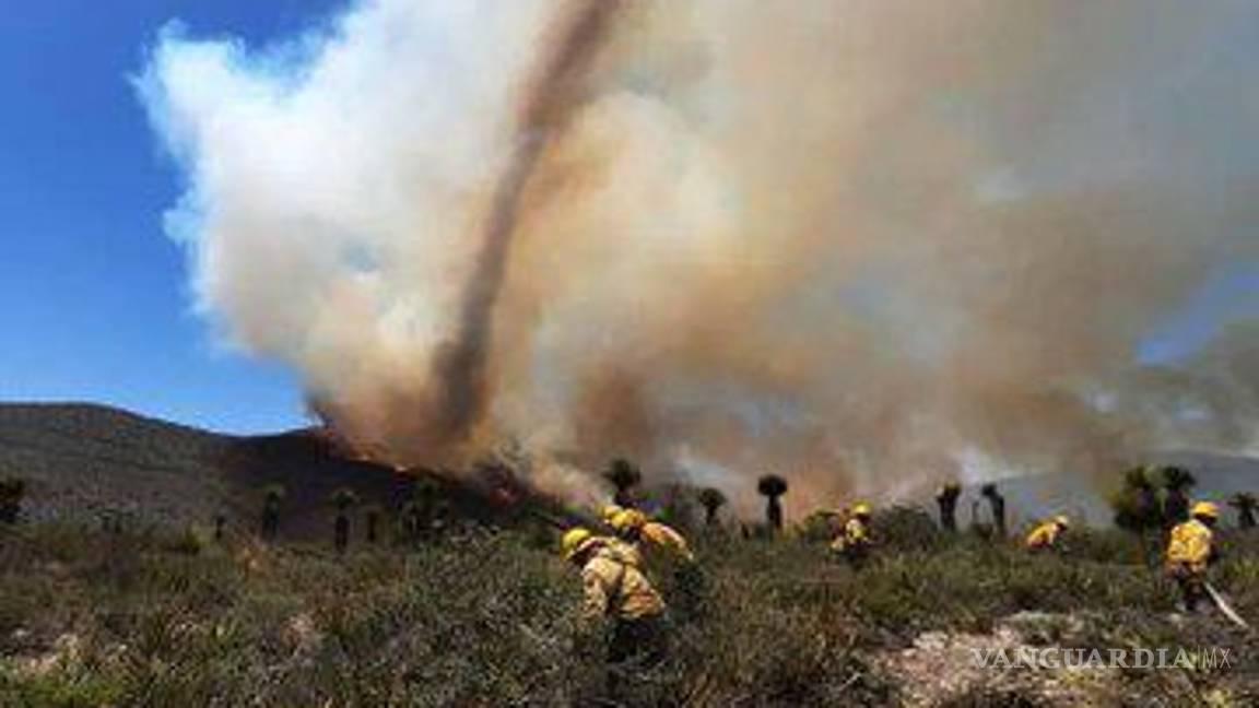 $!Combaten en Nuevo León incendio forestal originado en SLP
