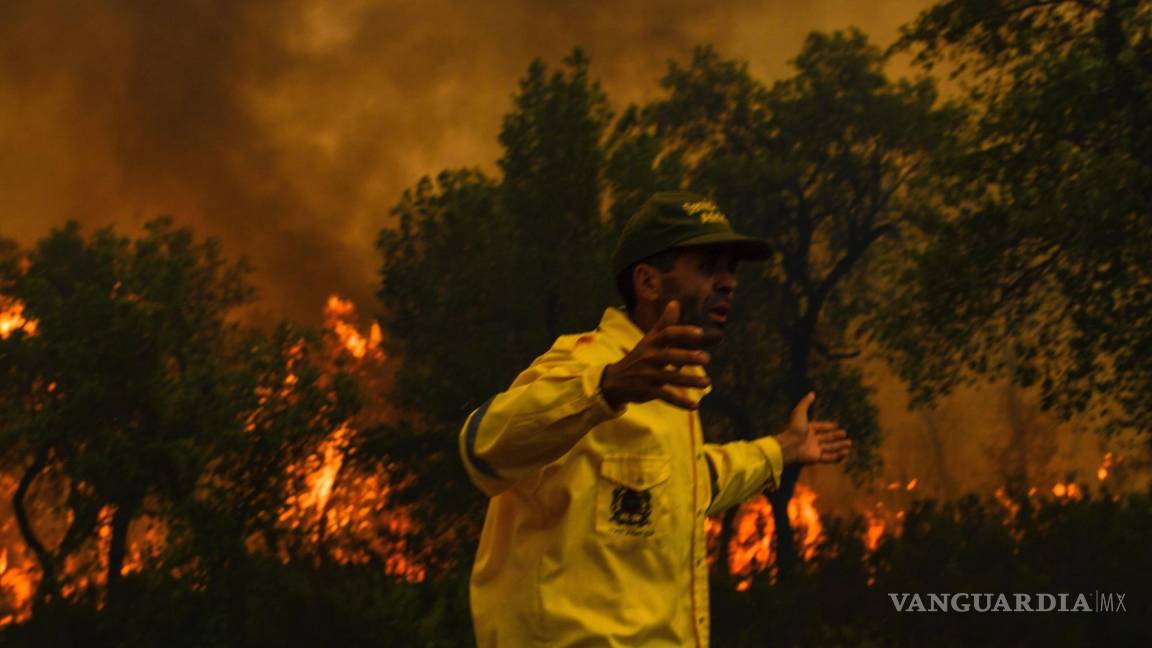 $!Un bombero reacciona mientras intenta apagar un incendio forestal causado por temperaturas extremas en Larache, al norte de Marruecos.