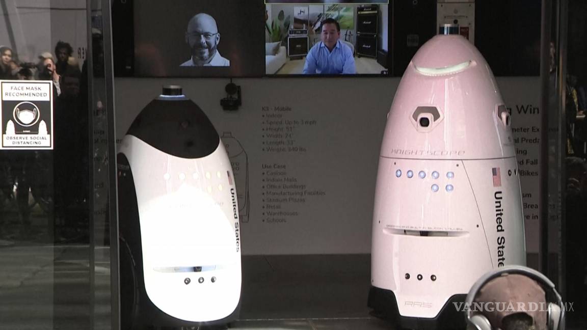 $!This image taken from video provided by New York City Office of The Mayor, K5 Autonomous Security Robot (ASR) departs news conference on Tuesday, April 11, 2023 in New York. New York City officials unveiled three new high-tech policing devices Tuesday, including Digidog, that critics called creepy when it first joined the police pack 2 1/2 years ago. (New York City Office of The Mayor via AP)