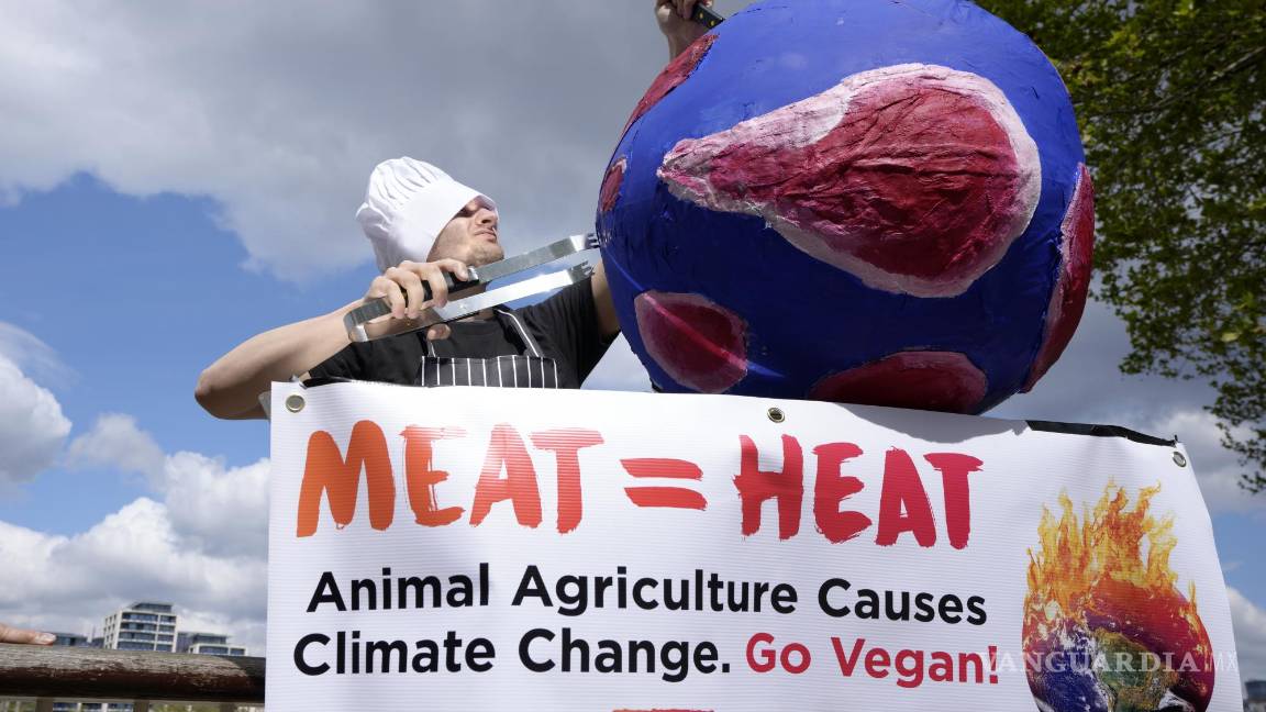 $!Un manifestante de PETA asa a la parrilla a la Tierra para mostrar cómo el consumo de carne está destruyendo el planeta, en el Southbank de Londres.