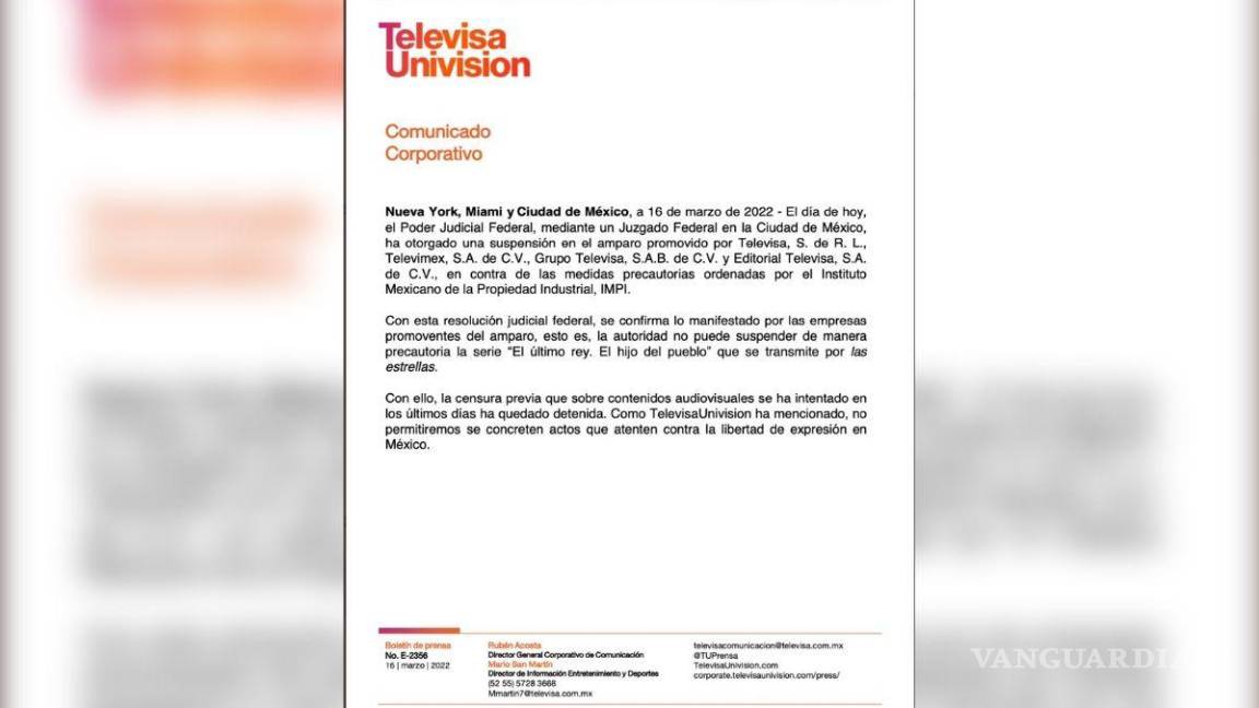 $!Televisa cuenta con un amparo para terminar de estrenar los 10 primeros episodios de la primera temporada.