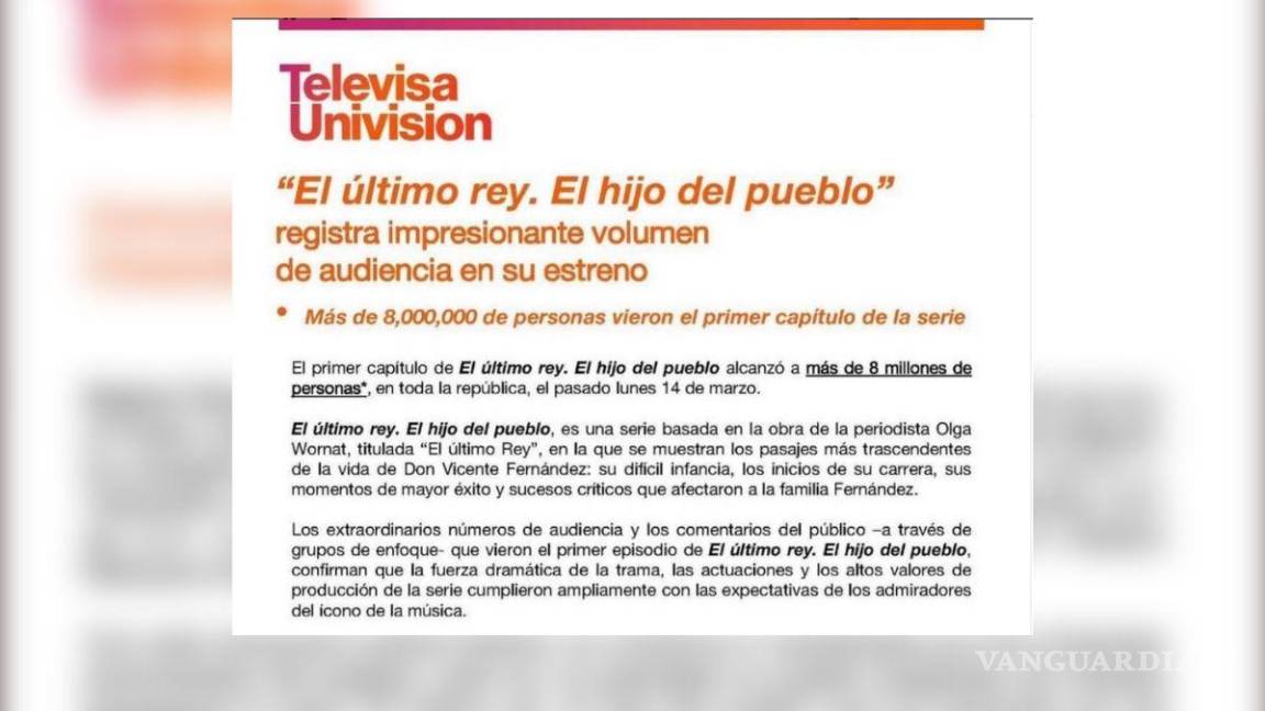 $!Televisa dio a conocer a través de un boletín las cifras del primer episodio de la bioserie.