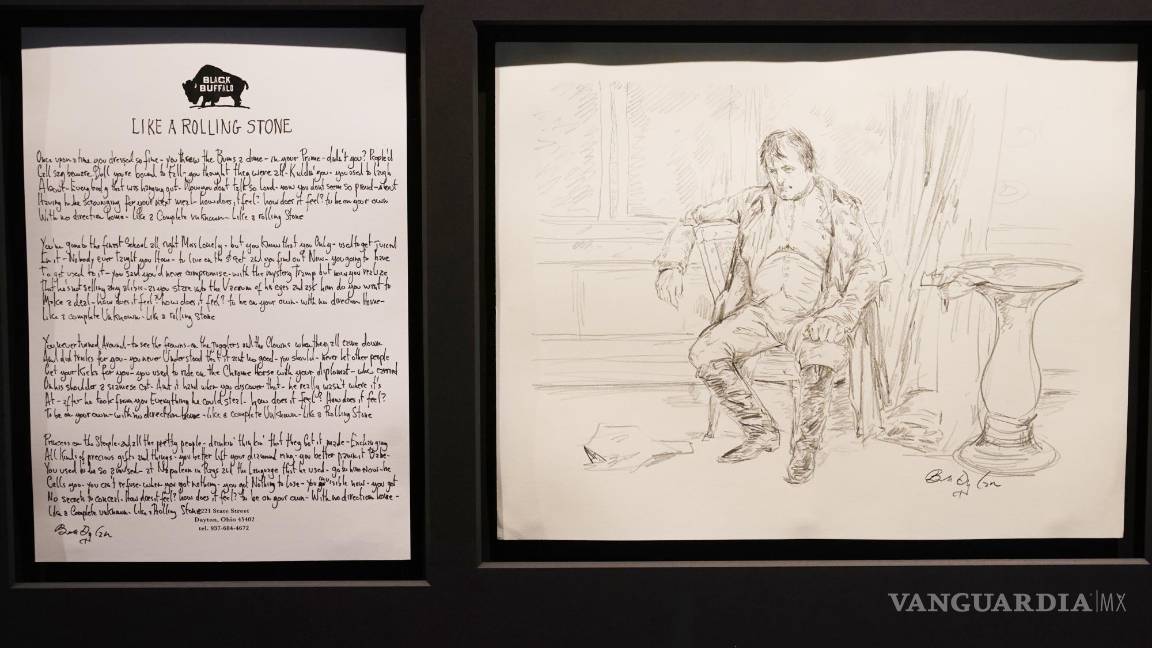 $!Un boceto a lápiz dibujado por Bob Dylan de su canción “Like a Rolling Stone” se exhibe en el Museo de Arte Patricia &amp; Phillip Frost en Miami. AP/Marta Lavandier