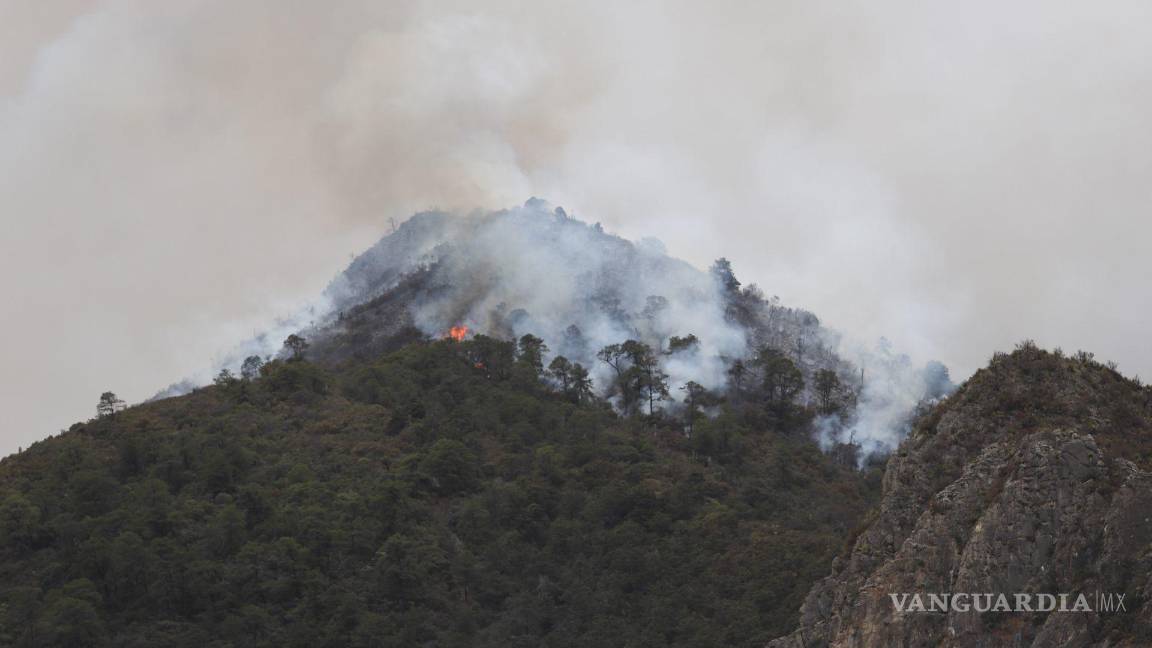 $!Saltillo, Coahuila 19 de mayo de 2022. Continúa el fuerte incendio en el cañón de San Lorenzo, en la Sierra de Zapaliname.