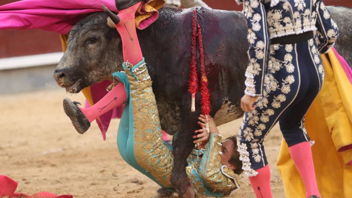 $!El novillero Arturo Gilio sufre una cogida de su segundo toro este lunes, durante la primera novillada de la Feria San Isidro 2022 en la Plaza de Las Ventas de Madrid.