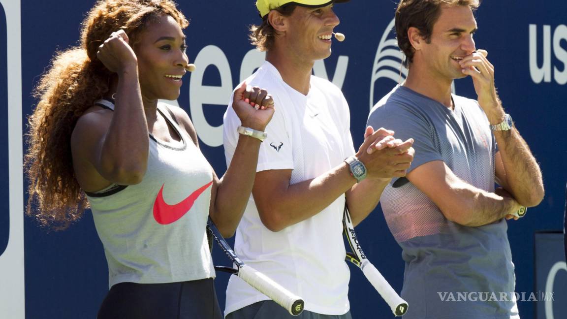 $!Serena Williams, Rafael Nadal y Roger Federer durante el Día de Niños del US Open, el 13 de agosto de 2013.