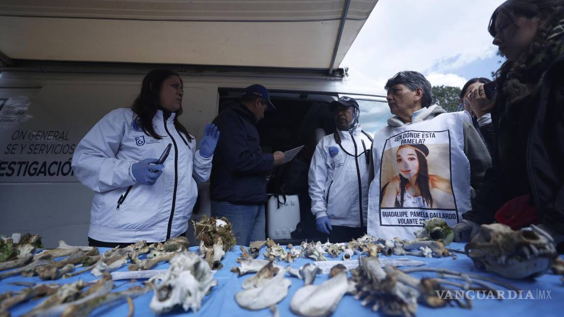 $!Peritos de la Fiscalía General de Justicia y María del Cármen Volante (2-d) madre de Guadalupe Pamela Gallardo, observan restos óseos durante en el Ajusco, CDMX.