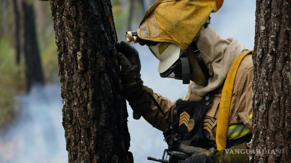 $!Un bombero de la Guardia Nacional Republicana hace una pausa para hablar por radio mientras apaga un incendio forestal en el pueblo de Rebolo, Portugal.