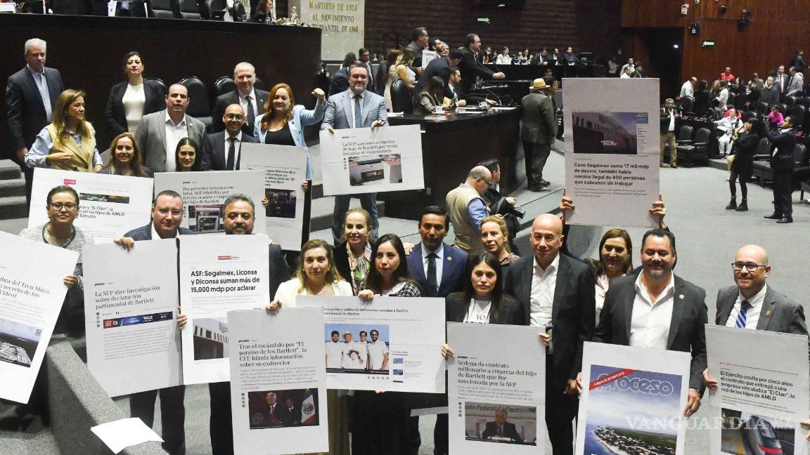 $!En la imagen, legisladores del PAN, muestran noticias de presuntos actos de corrupción durante el sexenio del ex presidente Andrés Manuel López Obrador.