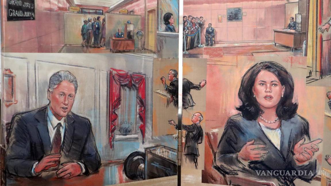 $!Vista de dibujos ejecutados por el caricaturista Bill Hennessy al juicio político en el Senado al entonces presidente estadounidense Bill Clinton con Monica Lewinsky.