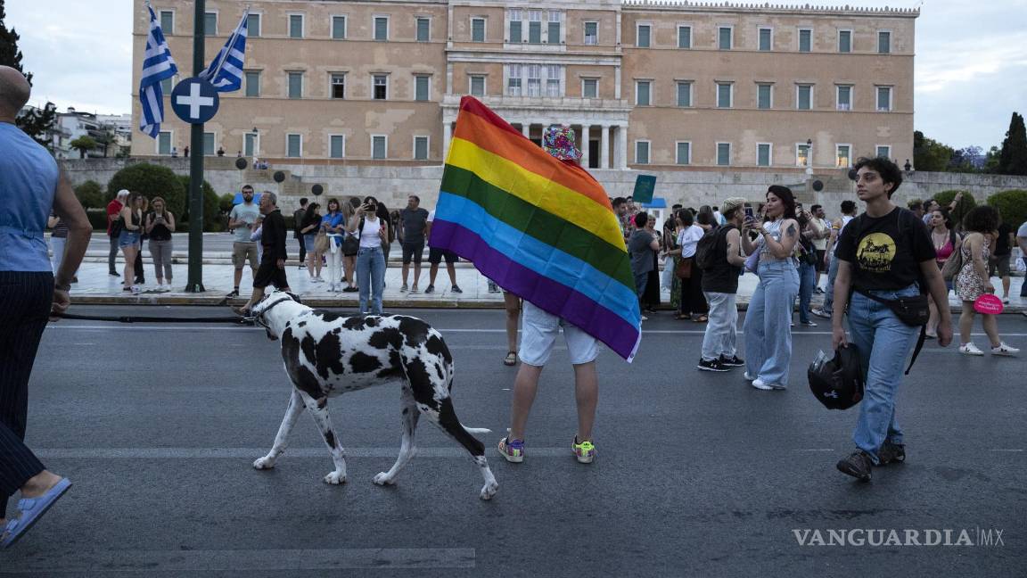 $!Un perro se abre paso mientras un participante iza una bandera del arcoíris frente al parlamento durante el desfile anual del Orgullo, en Atenas.