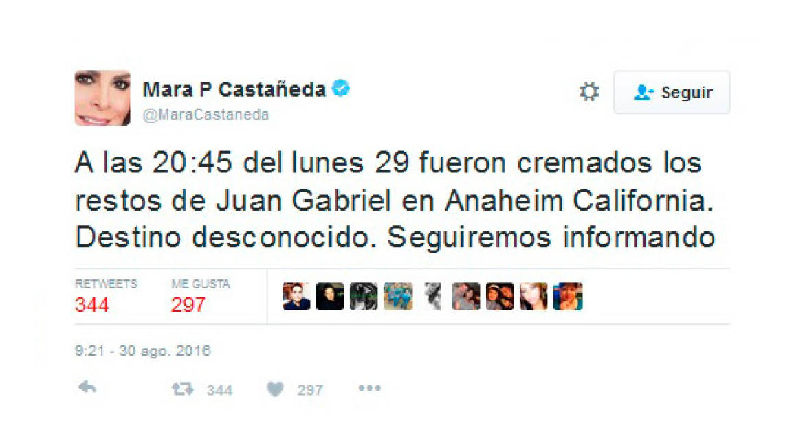 Restos de Juan Gabriel fueron cremados en Anaheim, afirma Mara Patricia Castañeda