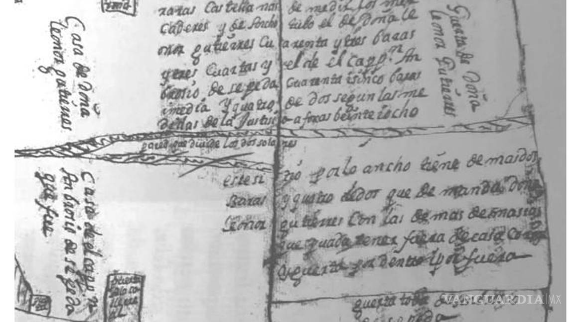 $!Plano manuscrito elaborado en 1715, muestra la disposición de varios solares y propiedades ubicadas sobre la Calle Real, entre las hoy calles de Juárez entre Hidalgo y Bravo.