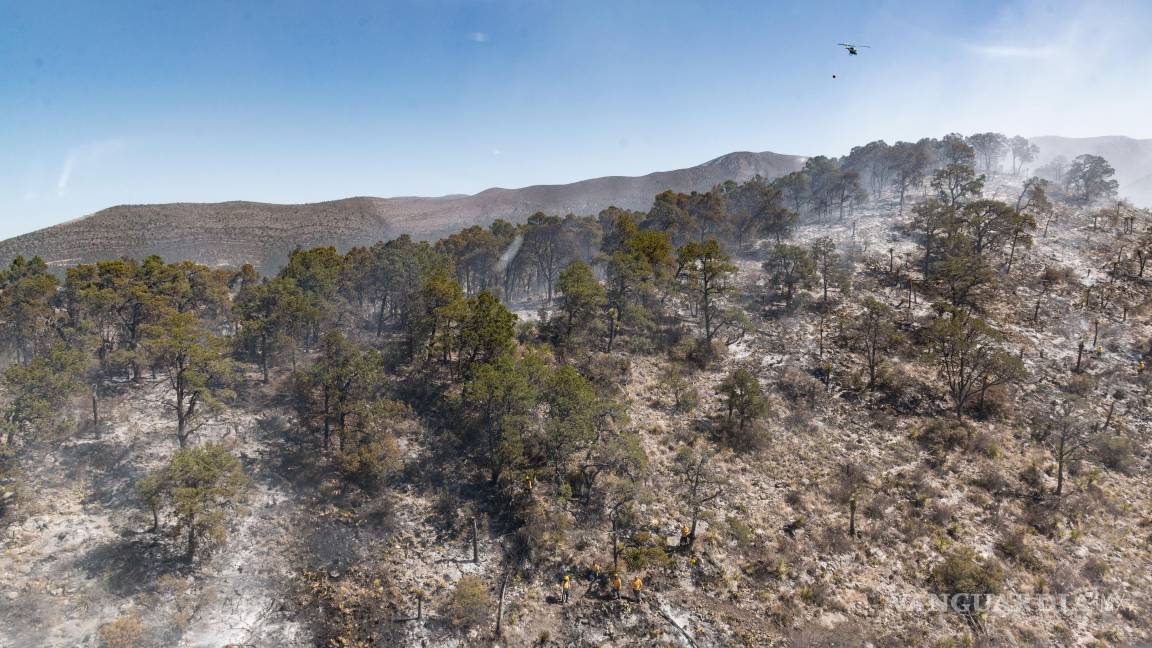 $!Brigadistas del municipio de Arteaga avanzan en la línea de fuego mientras se preparan para realizar descargas de agua aéreas en El Tunal.