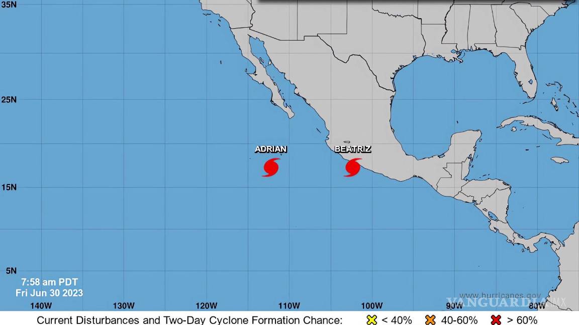 $!Imagen donde se muestra la localización de los huracanes Adrian y Beatriz en el Pacífico mexicano.