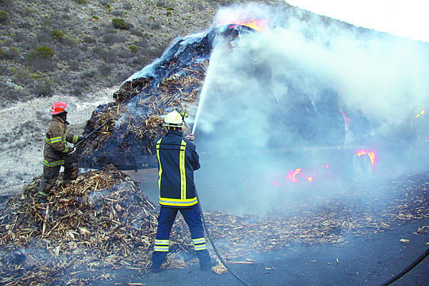 $!Se incendia caja de tráiler que transportaba alfalfa en 'Los Chorros'