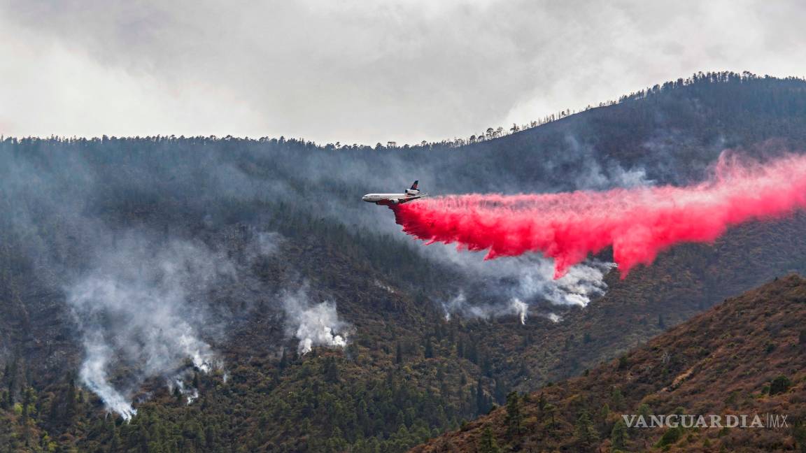 $!Avión DC10 comienza descargas de agua con retardante en zona del incendio en Arteaga
