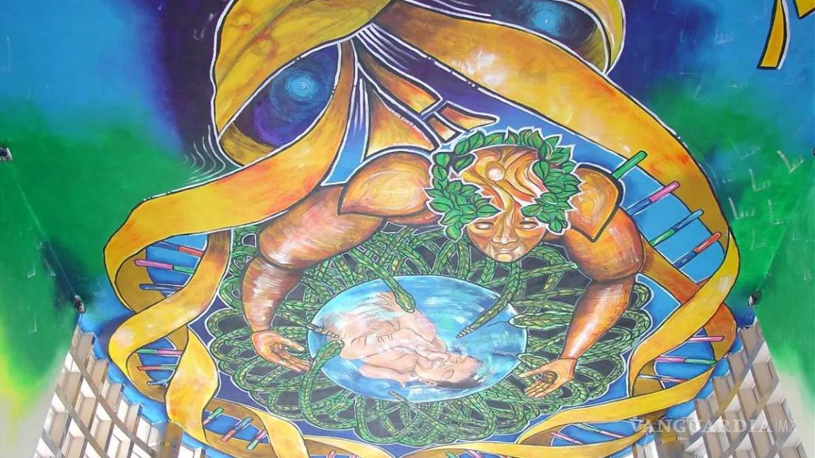 $!“La medicina, apoyo al génesis humano”, obra de Rosa Inés Martínez de Valle, 2001. Integra ciencia y mitología en el Hospital Universitario.