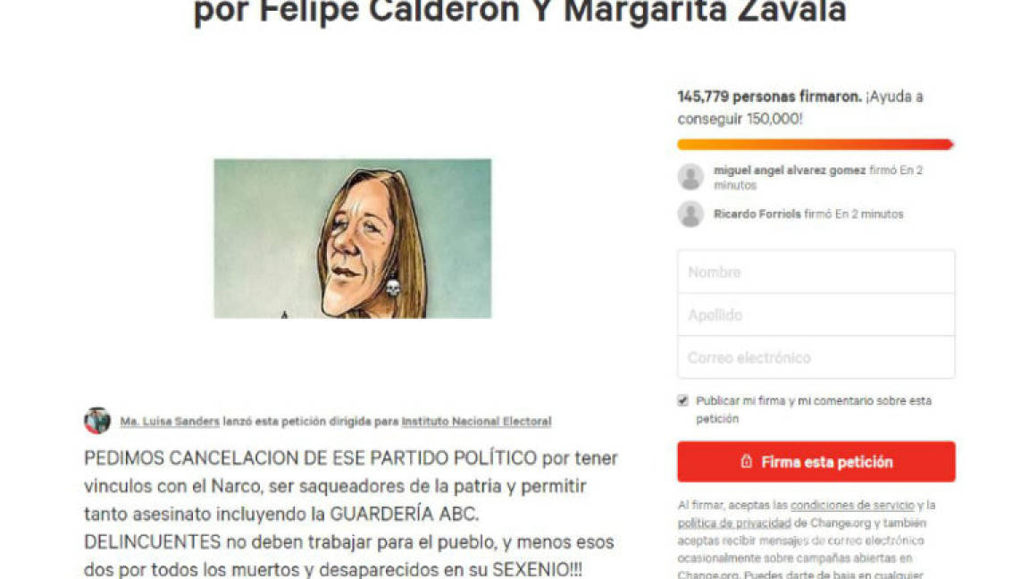$!Suman casi 150 mil firmas para que cancelen registro a partido de Calderón y Zavala