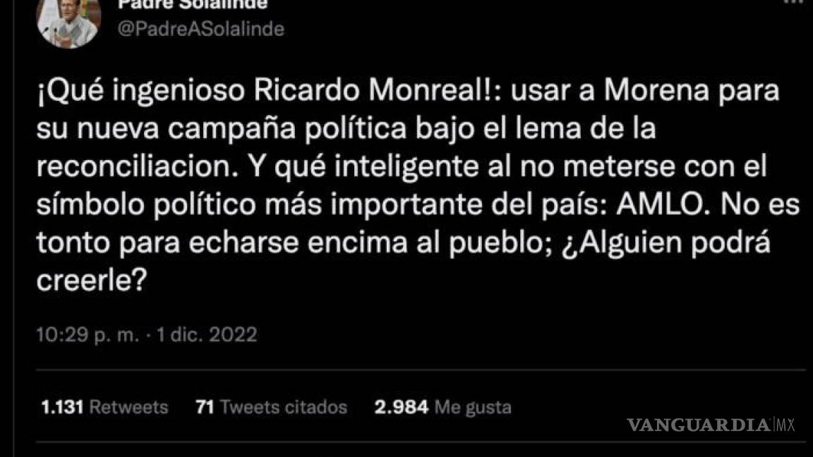 Solalinde critica a Monreal, asegura que usa a Morena para su campaña
