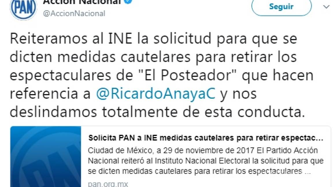 PAN pide a INE retirar espectaculares con promoción a Anaya