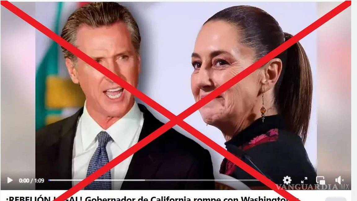 $!“¡REBELIÓN LEGAL! Gobernador de California rompe con Washington y pide respaldo a Sheinbaum (sic)”, dice uno de los mensajes que acompañan la grabación
