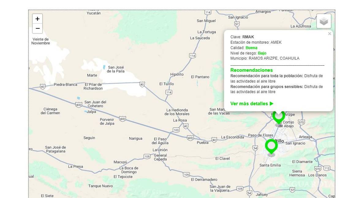$!En este mapa presentado por Medio Ambiente se ve que en Ramos hay buena calidad del aire.