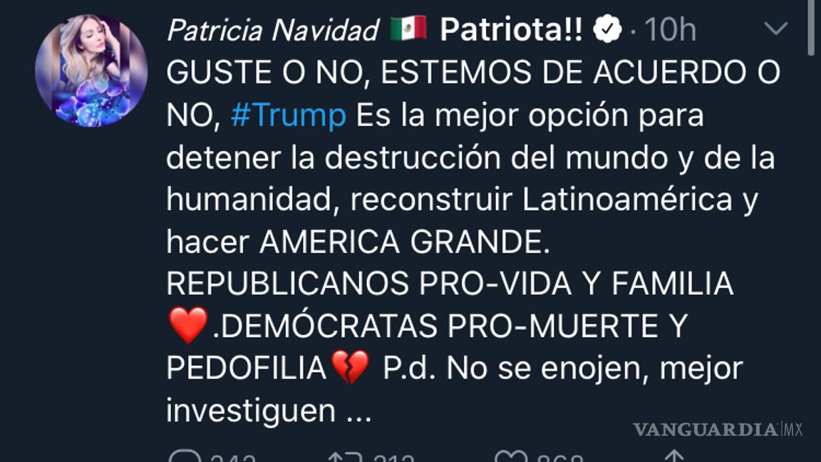 $!'Joe Biden es un pedófilo': Paty Navidad reitera su apoyo a Donald Trump