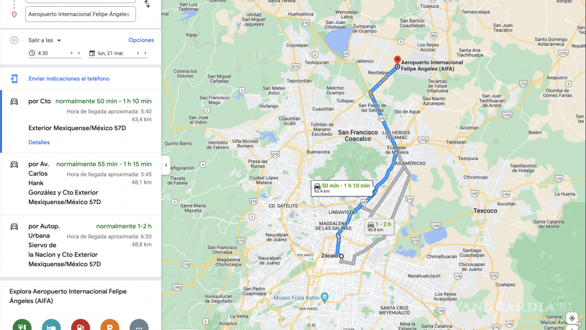 Google Maps desmiente a AMLO: imposible llegar en 40 minutos al AIFA desde Palacio Nacional