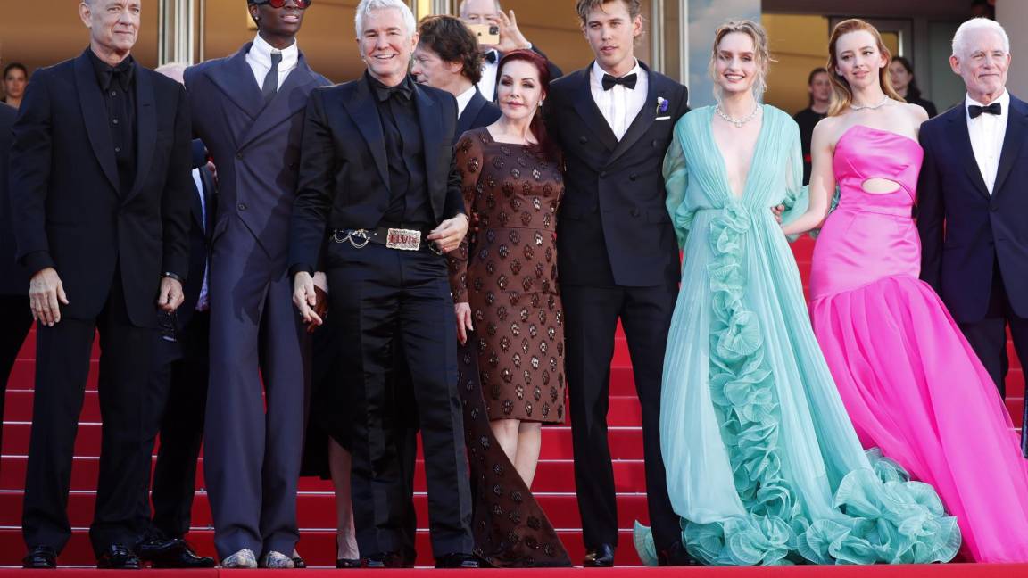 $!(I-D) Tom Hanks, Alton Mason, Baz Luhrmann, Priscilla Presley, Austin Butler, Olivia DeJonge, Natasha Bassett y Patrick McCormick en el estreno de “Elvis” en el Festival de Cannes.