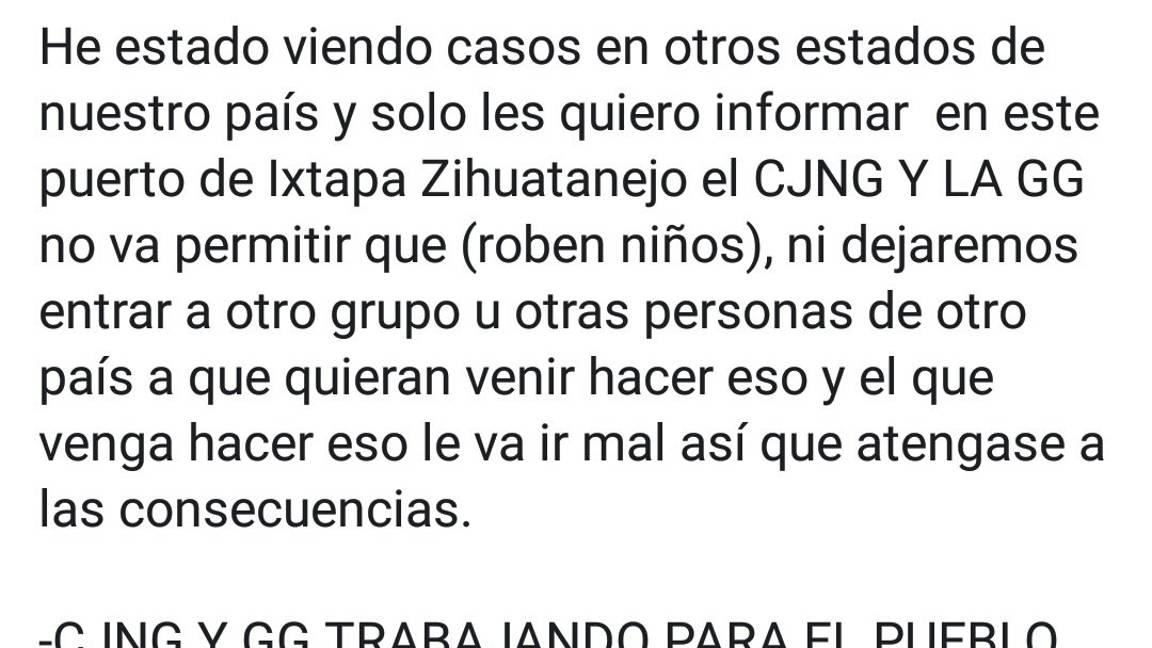 $!Cártel Jalisco Nueva Generación cae en 'fake news' sobre robo de niños; lanza advertencia en redes sociales