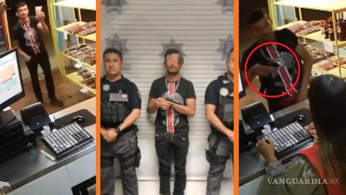 Saltillo: captan en video asalto a mano armada en sucursal de Pepewates; ladrón es detenido minutos después