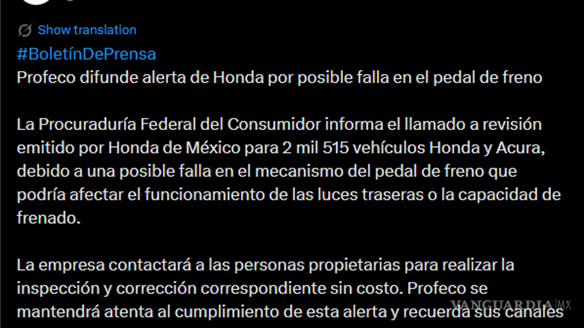 $!Profeco llama a revisión a más de 2 mil vehículos Honda y Acura por falla en pedal de freno